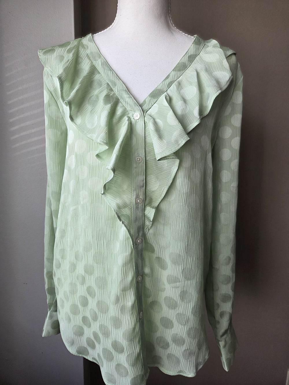 Ann Taylor Factory NWT Ruffle Polka Dot Blouse Green S
